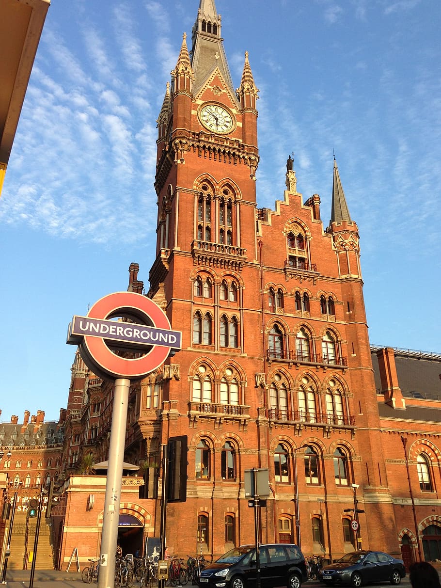 london, underground, railway station, st pancras, shield, building exterior, HD wallpaper