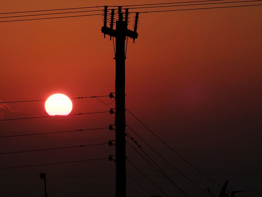 sunset, cable, lines, power line, mast, industry romance, upper lines HD wallpaper