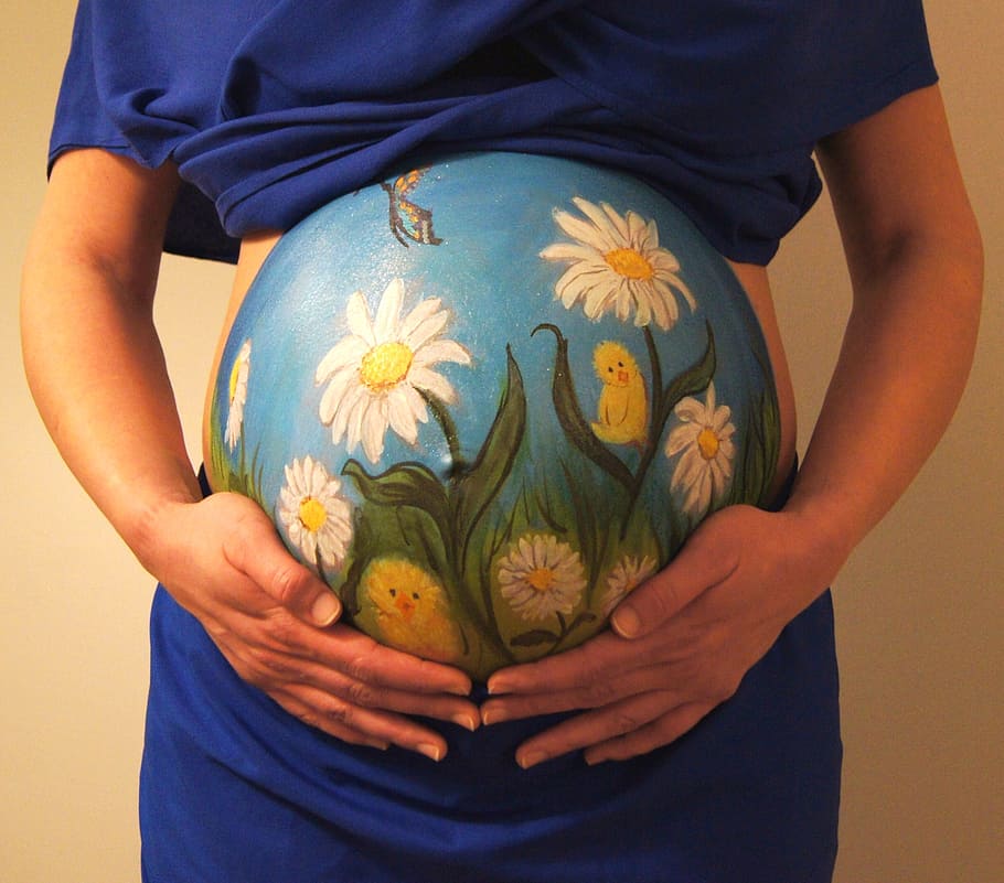 bellypaint, belly painting, pregnant, flowers, chick, margriet, HD wallpaper