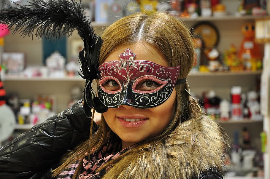 woman in black and pink masquerade mask near white shelf, girl, HD wallpaper