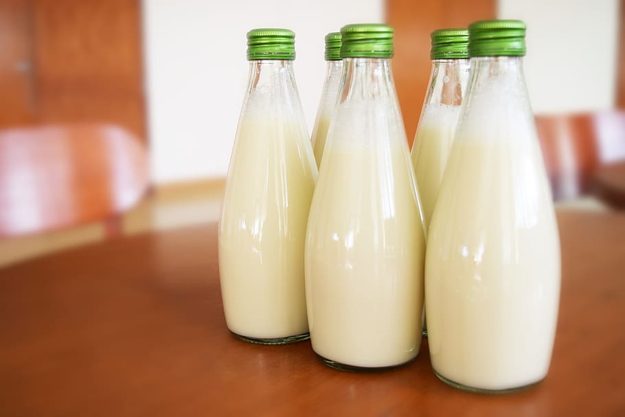 five bottles of milks on table, drink, healthy, drinking, container HD wallpaper