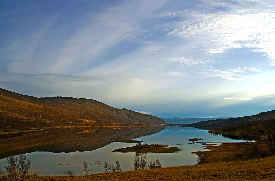 landscape, sky, clouds, river, lake, mountains, trees, plants HD wallpaper
