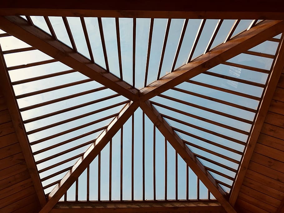 worm's eye view of brown wooden roof, ceiling, window, looking up HD wallpaper