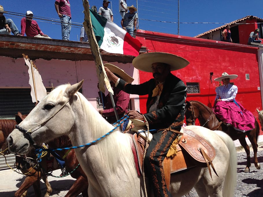 men riding horses beside houses, mexico, horseman, mexican flag, HD wallpaper