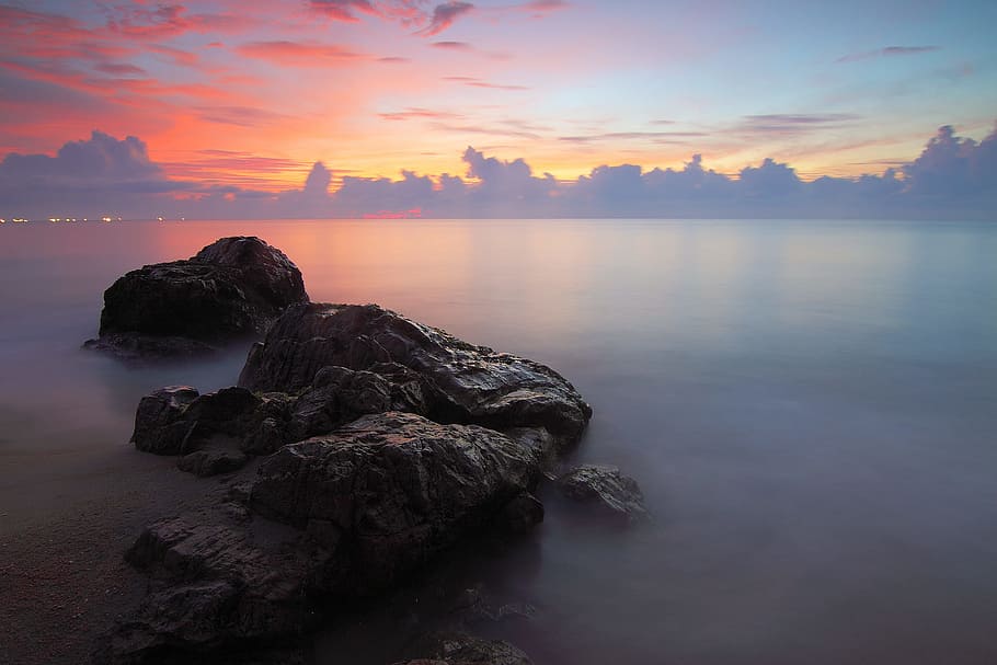 sea, dawn, landscape, sunset, beach, clouds, foggy, lights, ocean HD wallpaper