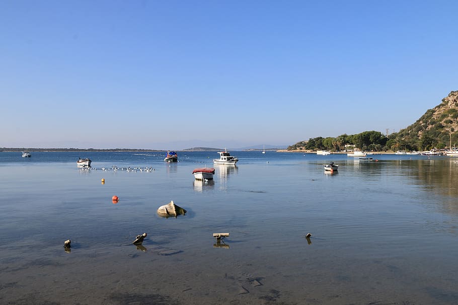 known, izmir, beach, blue, marine, boots, boat, nature, coastline HD wallpaper