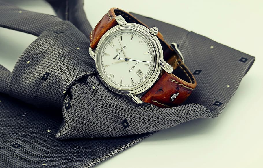 round silver-colored bezel analog watch on top of gray necktie, HD wallpaper