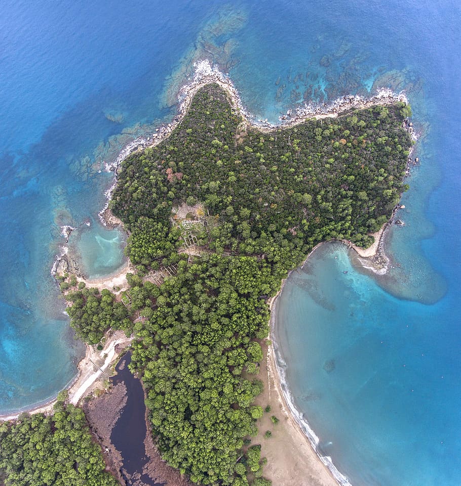 P H A S E L I S D R E A M, aerial photo of island, forest, coast