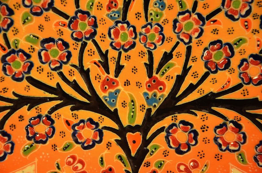 orange, black, and red floral painting, mosaic, tile, art, ceramic HD wallpaper