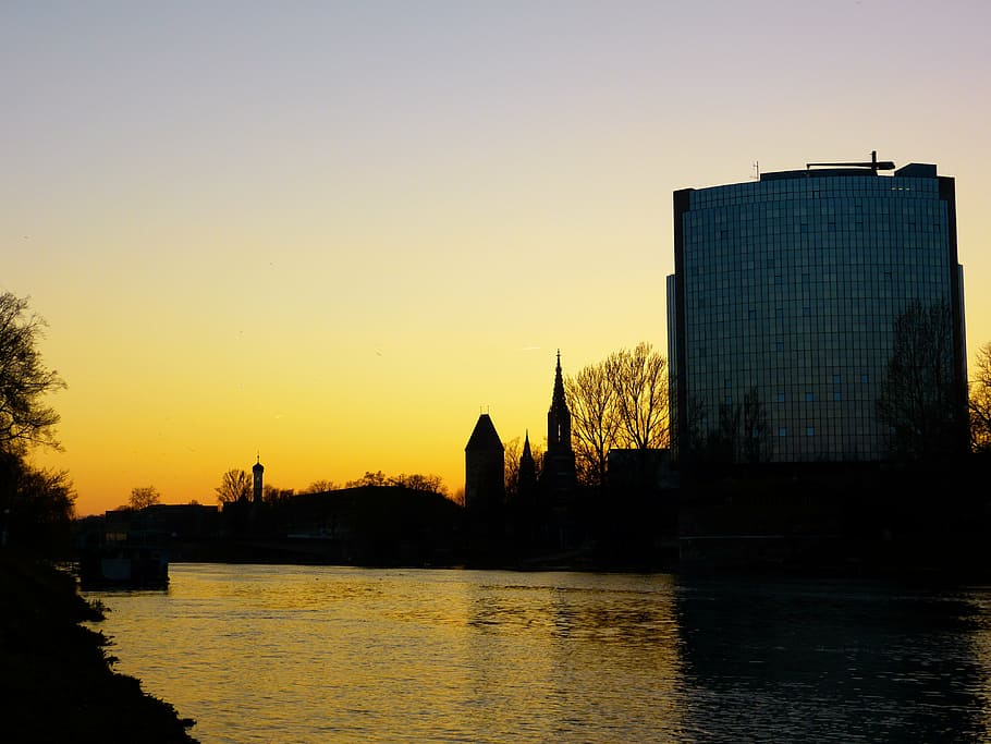sun down speed, evening, twilight, danube, river, water, ulm HD wallpaper