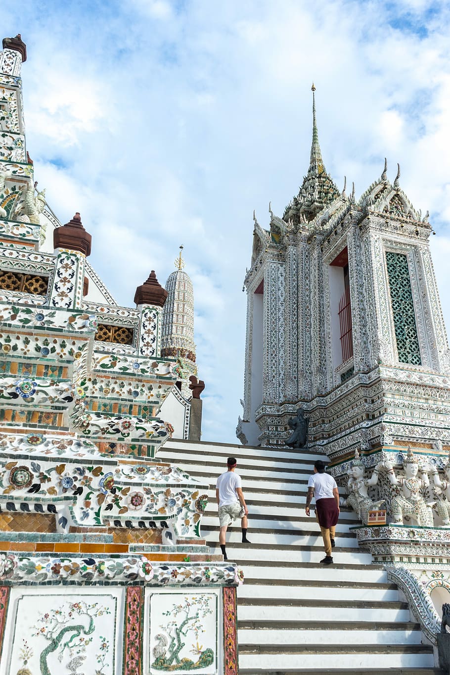 two person on white stairs, two person walking up stairs in Buddha temple HD wallpaper