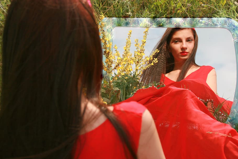 girl, mirror, red, reflection, nice, portrait, red lipstick HD wallpaper