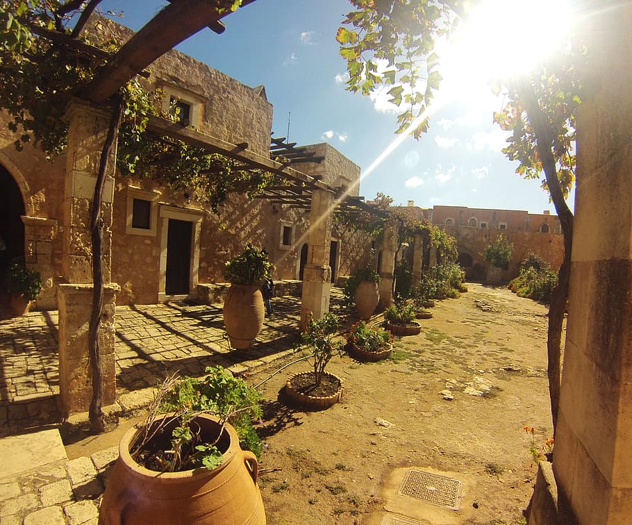 vase with plant near building at daytime photoi, arkadi, crete