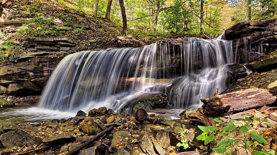 waterfall scenery, river, stream, flowing water, woodland, riverbank HD wallpaper