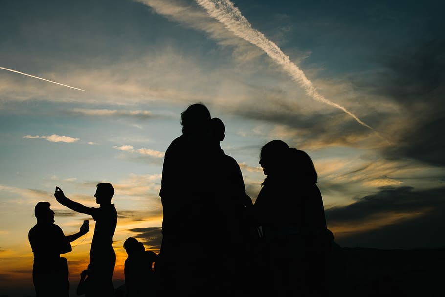 silhouette photography of people under sky, silhouette of person standing during sunset HD wallpaper