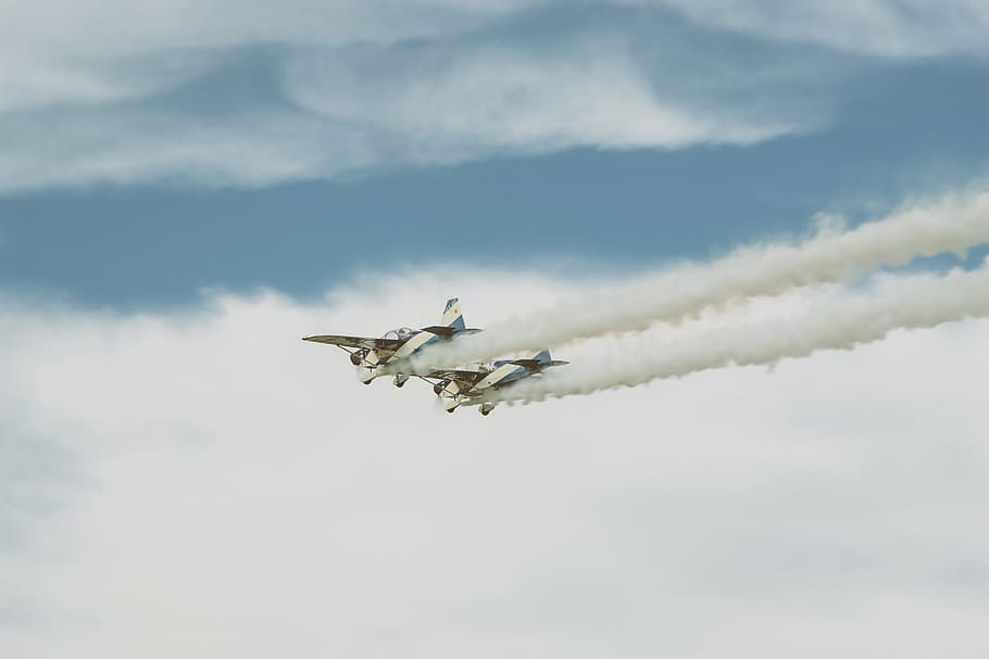 two white airplanes on sky, two airplane on skies, biplanes, cloudy HD wallpaper
