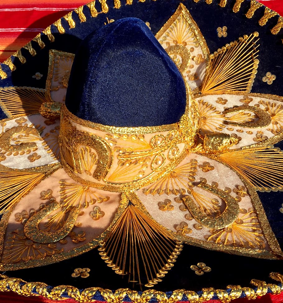 close up photography of mariachi hat, Sombrero, Mexican, blue