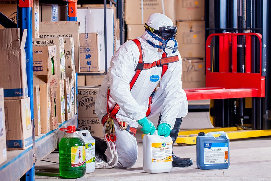 person holding white plastic gallon, chemist, costume, protection HD wallpaper