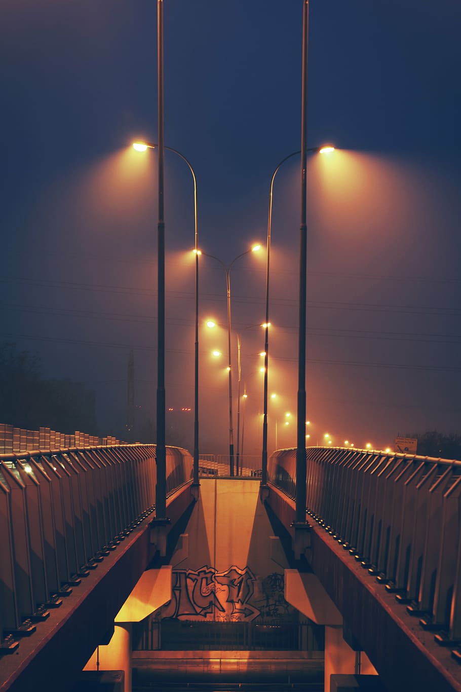 bridge, lampposts, lights, night, sky, street, street lamps HD wallpaper
