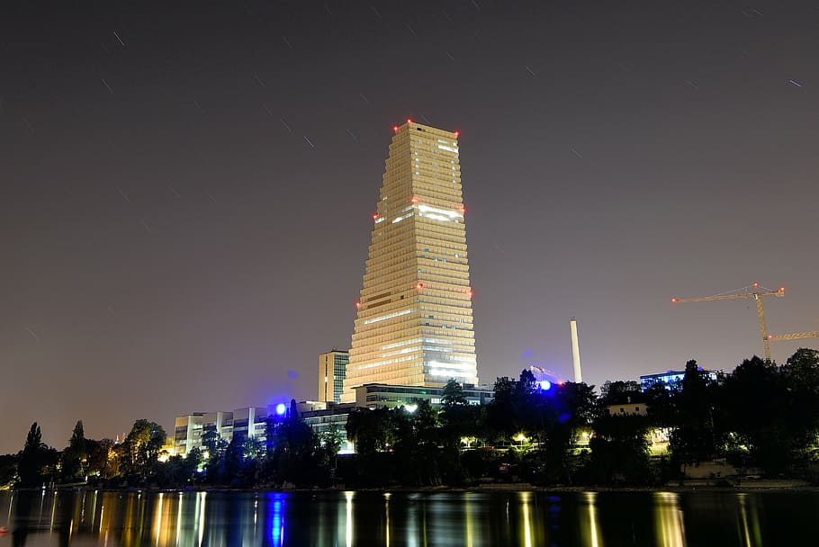 roche, tower, basel, buildings, switzerland, night, skyscraper HD wallpaper