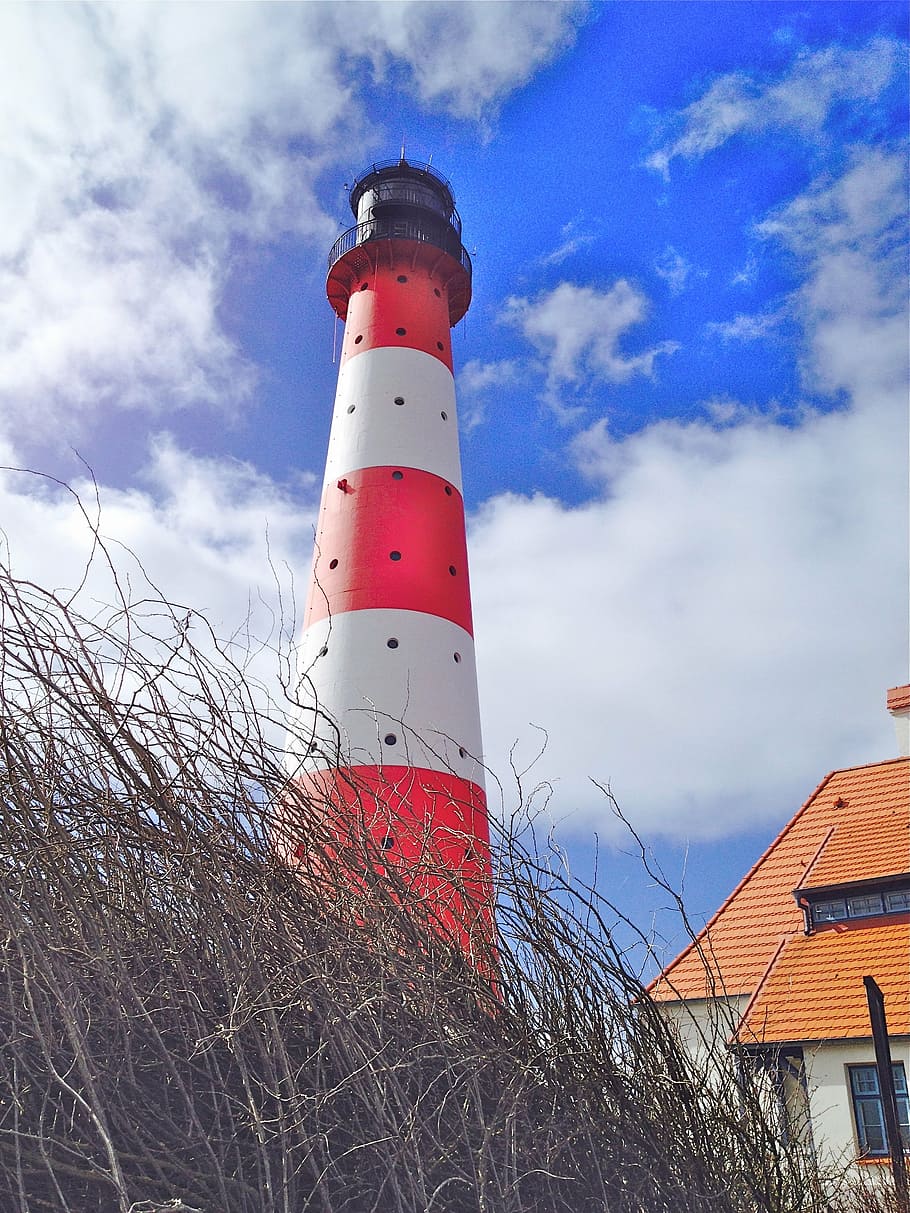 lighthouse, color, red, white, sky, blue, home, building exterior HD wallpaper