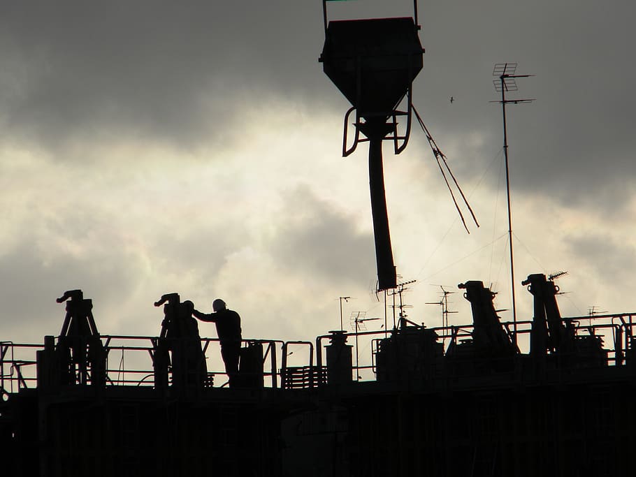 silhouette of man standing behind railings, worker, btp, building HD wallpaper