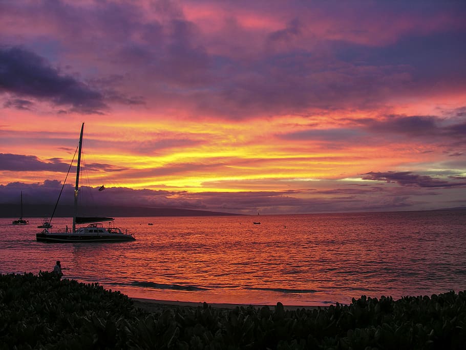 sunset, seashore, beach, ocean, coast, sky, landscape, vacation HD wallpaper
