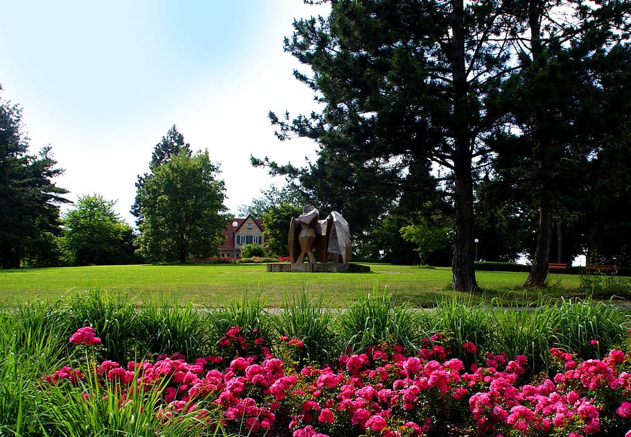 Flowers, Artwork, Trees, Villa, park, rush, spring, nature HD wallpaper