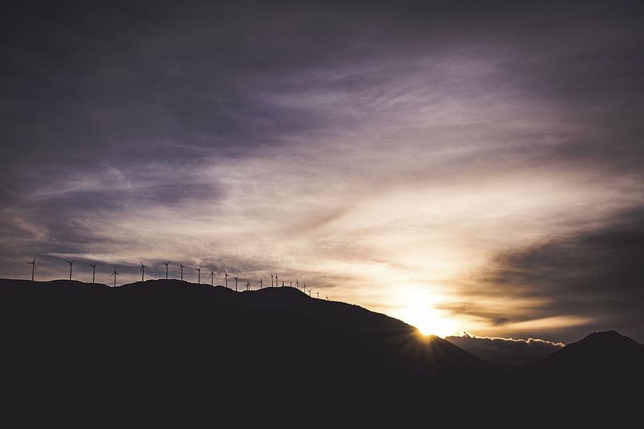 silhouette of mountain during sunset, nature, landscape, windmill HD wallpaper