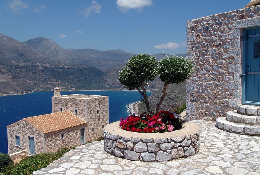 green leafed tree, greece, homes, view, hellas, mani peninsula HD wallpaper