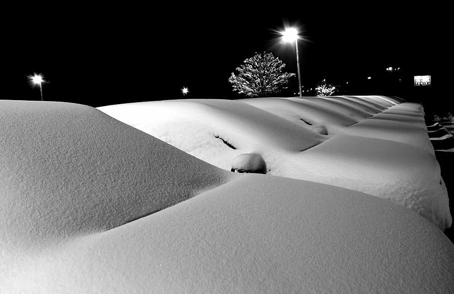 grayscale photo of road covered by snow, winter, parking, auto HD wallpaper