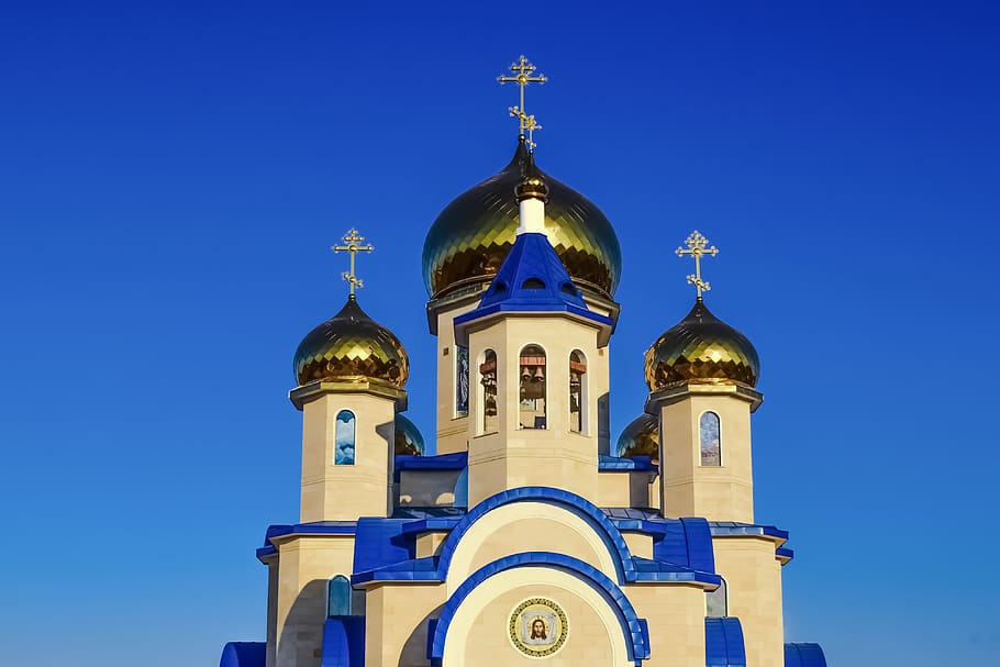 white, blue, and gold dome cathedral, tamassos bishop, russian church, HD wallpaper