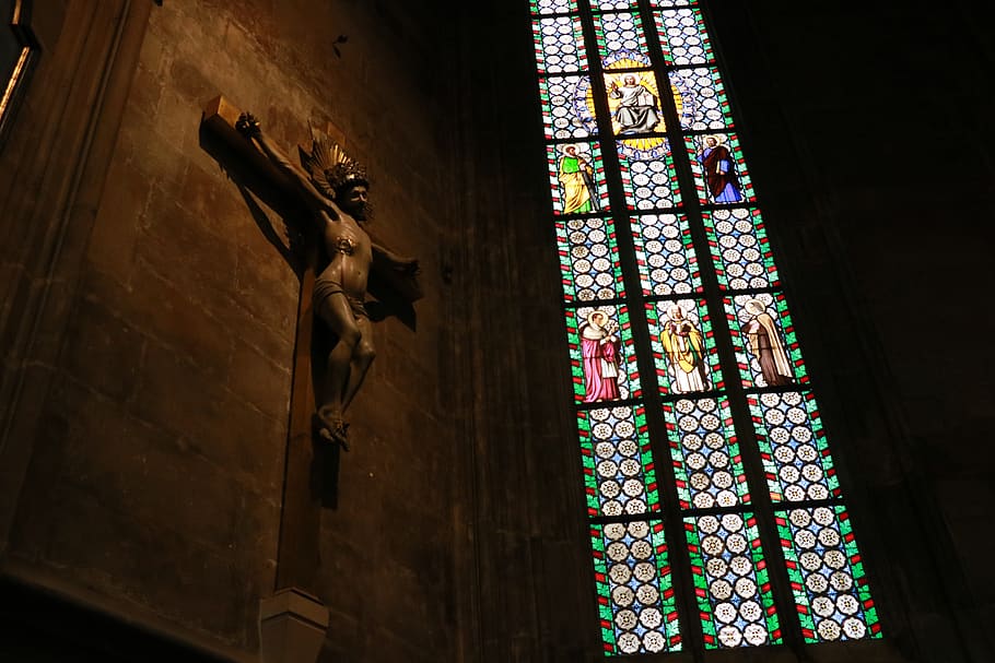 christ, jesus, cross, inri, stained glass window, decorations, HD wallpaper