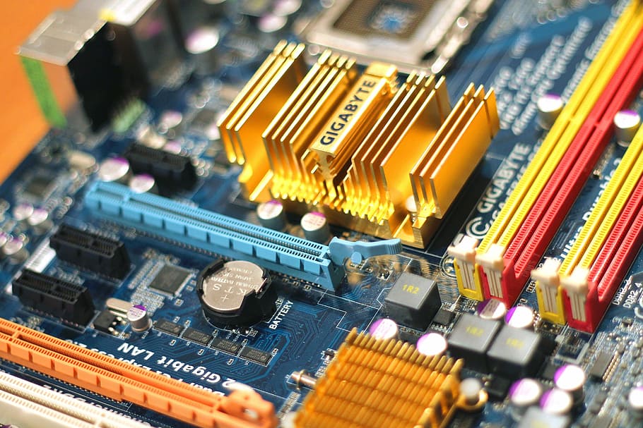 blue, yellow, and red computer motherboard, circuits, parts, technology, HD wallpaper