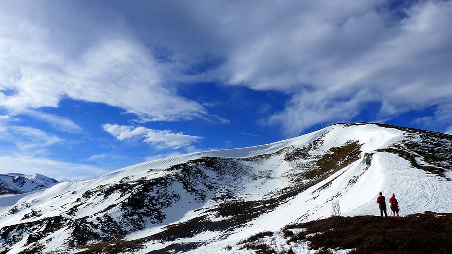 two people on snow-capped mountain, panoramic, top, nature HD wallpaper