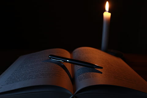 black click pen on open book near cnadle, candle, old, light HD wallpaper
