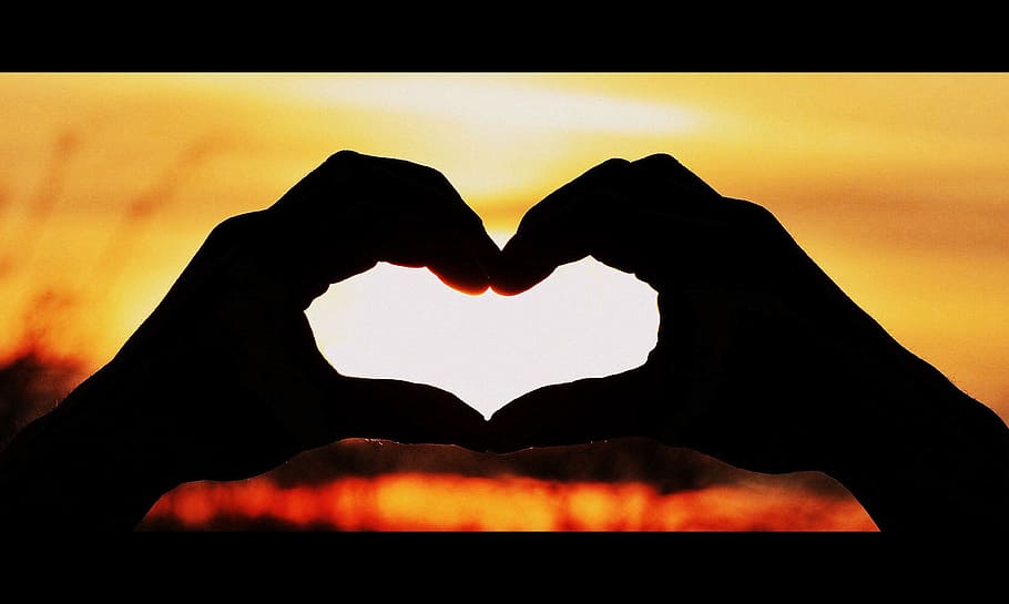 silhouette of hand forming heart during sunset, love, heart Shape HD wallpaper