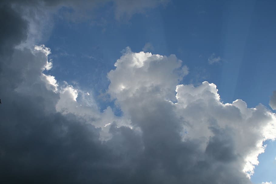 clouds, blue sky, light, backlight, light on edges, dark shadows HD wallpaper