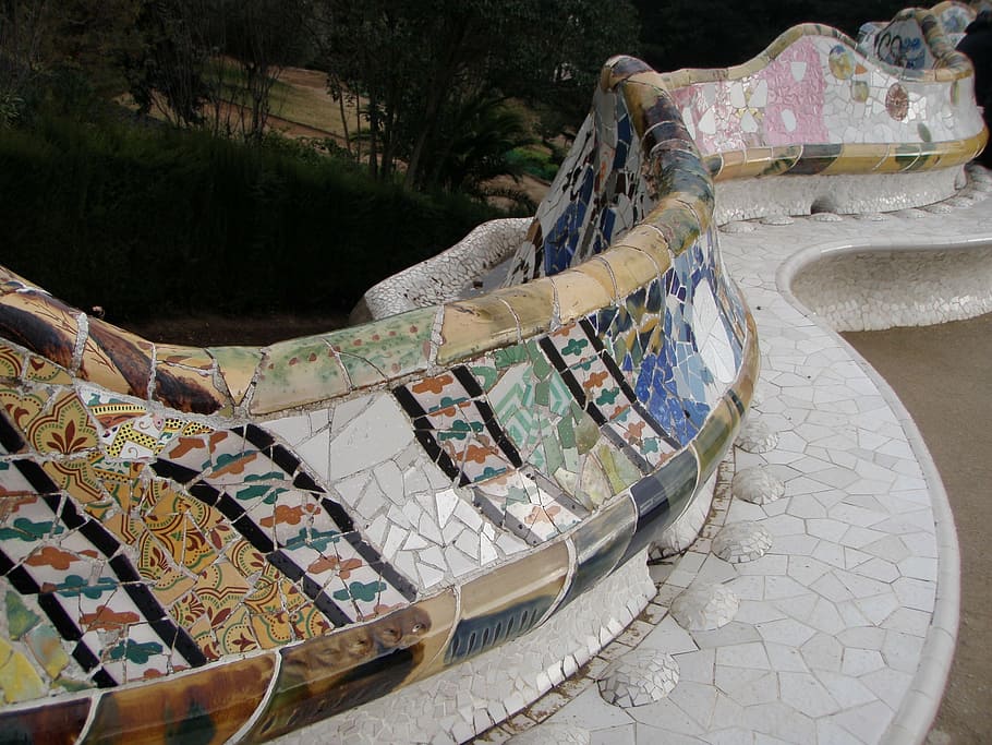 guell park, barcelona, culture, gaudí, day, nature, high angle view
