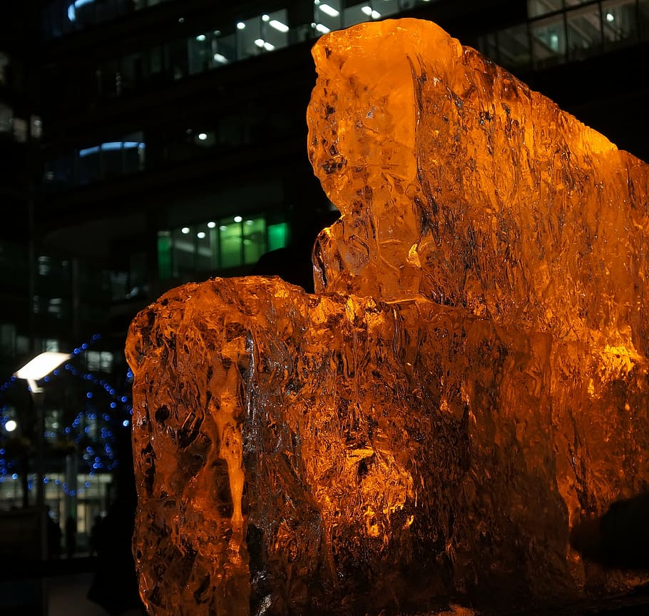orange, night, ice, sculpture, beautiful, winter, cold, light HD wallpaper