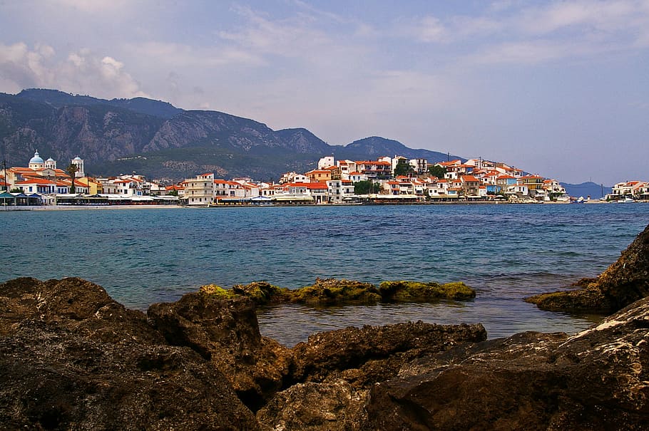 samos, island, greece, holiday, sea, beach, water, clouds, landscape HD wallpaper