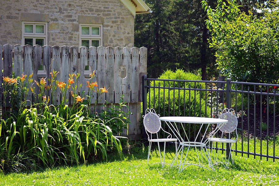 bistro patio set on garden, white, outdoor, furniture, table, HD wallpaper