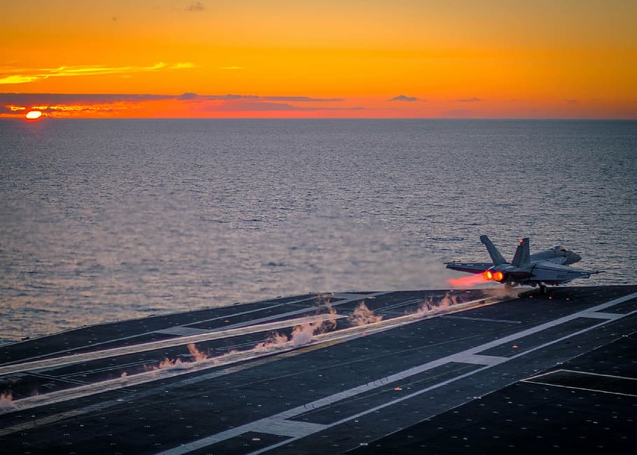 gray plane on runway near body of water at sunset, seascape, aircraft