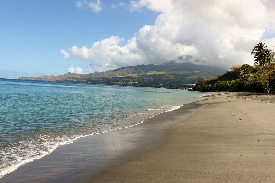 seashore under white and blue sky, Martinique, Mount Pelee, the pelee