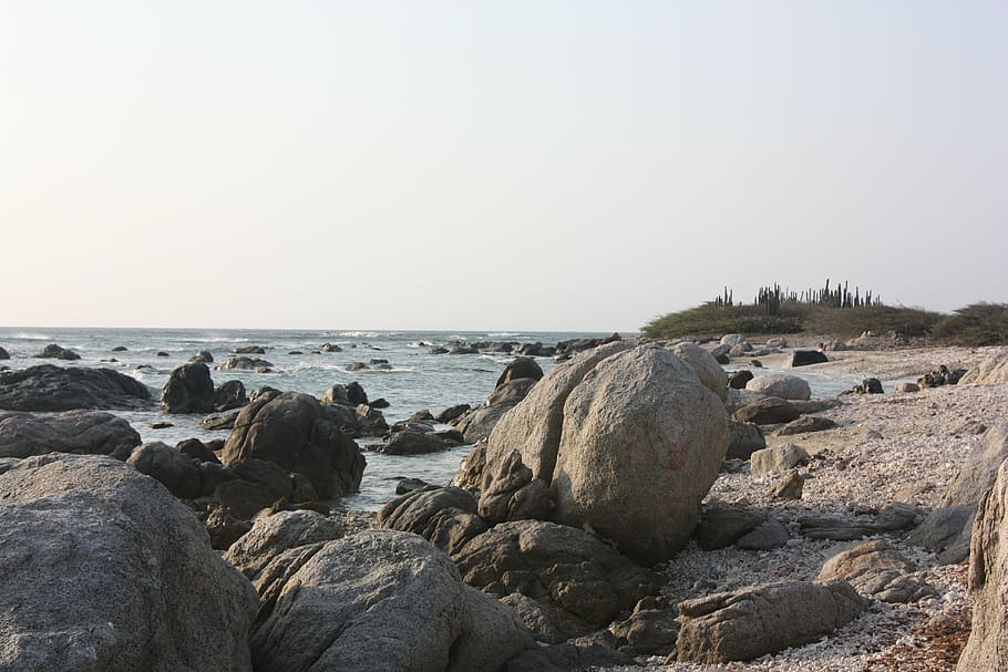 rocks, sea, aruba, rock - object, solid, sky, water, land, beach HD wallpaper