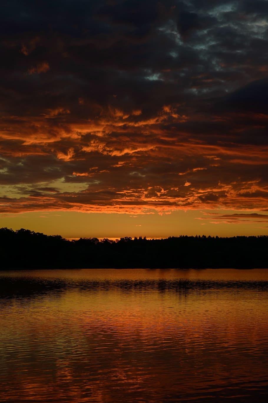 dark, morning, sunrise, reflection, clouds, pond, water, orange HD wallpaper