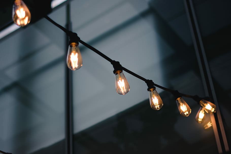 black string lights, turn-on string lights, bulb, decor, night HD wallpaper