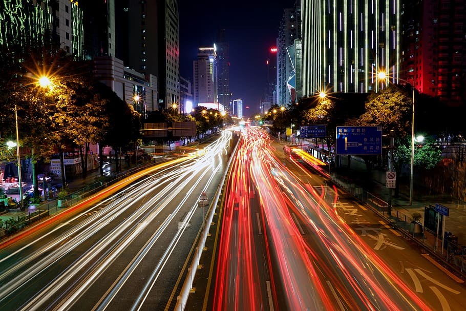 city, night view, light, long exposure, light trail, illuminated HD wallpaper