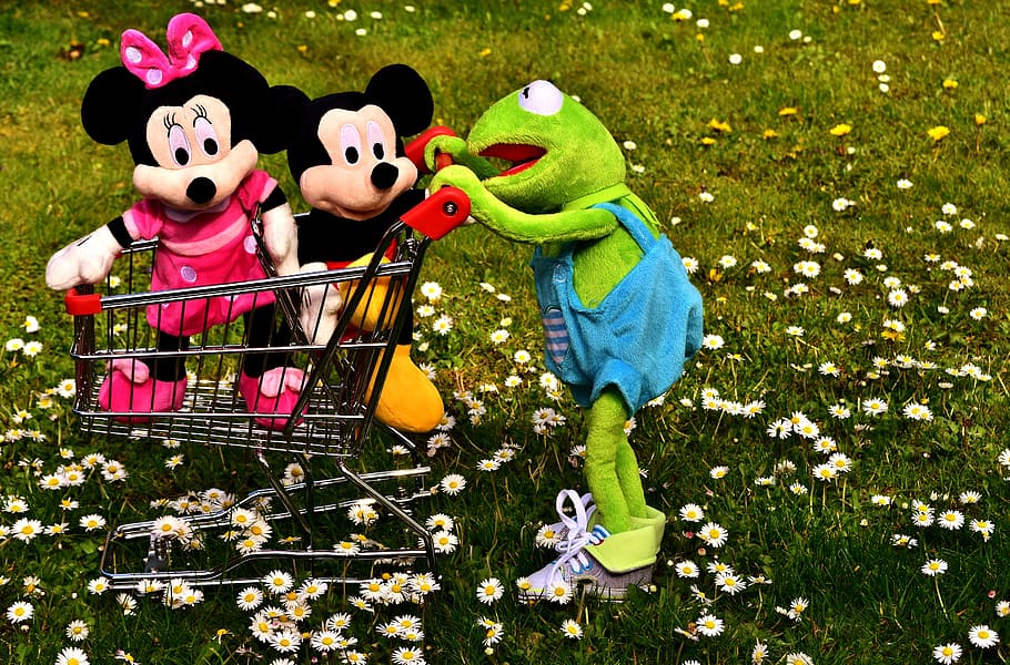 kermit, frog, micky mouse, plush toys, shopping cart, play HD wallpaper