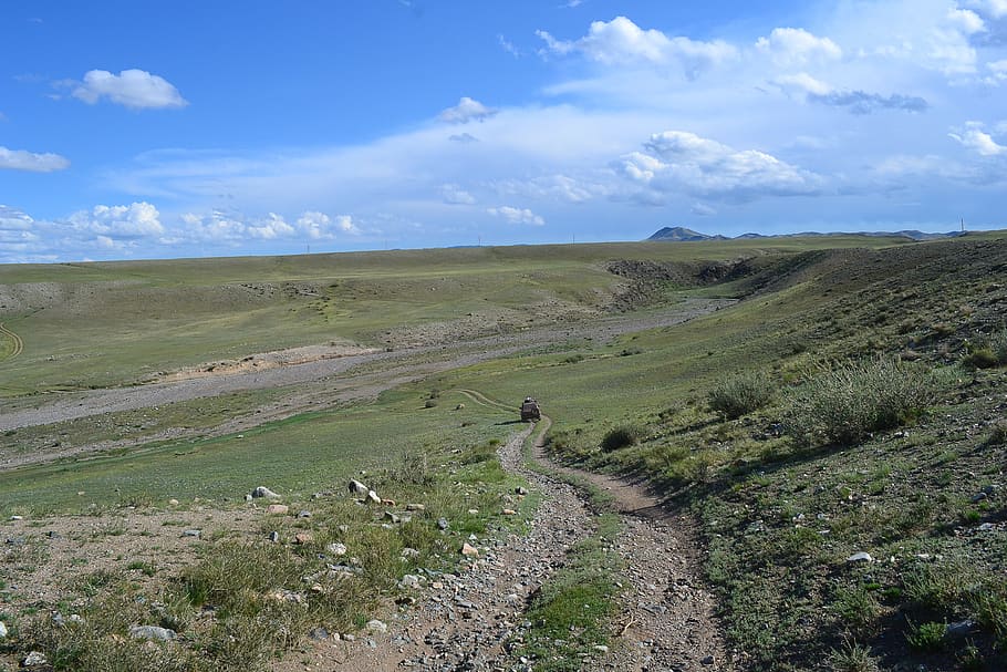 mongolia, steppe, track, 4x4, sky, landscape, beauty in nature HD wallpaper